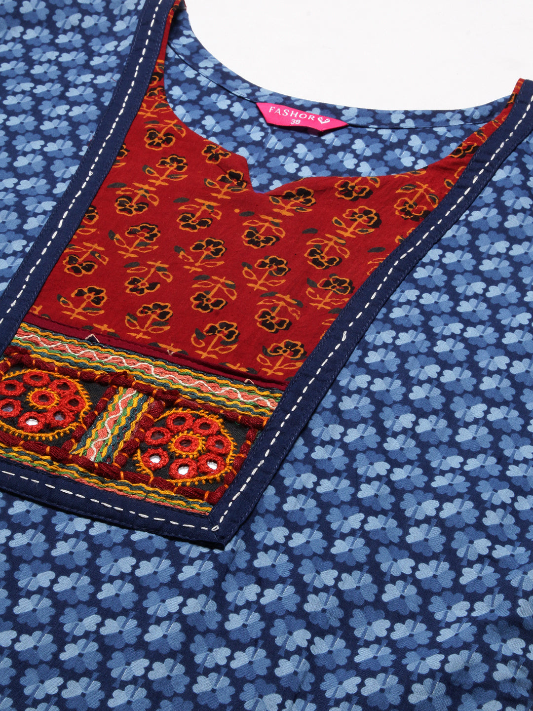 Ethnic Printed Kutchi Embroidered Kurta - Blue