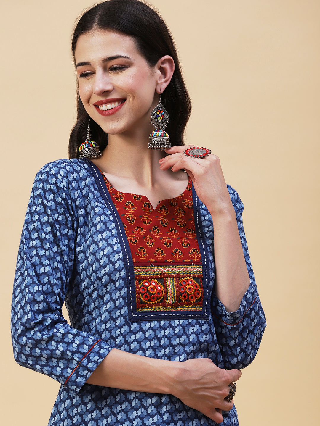 Ethnic Printed Kutchi Embroidered Kurta - Blue