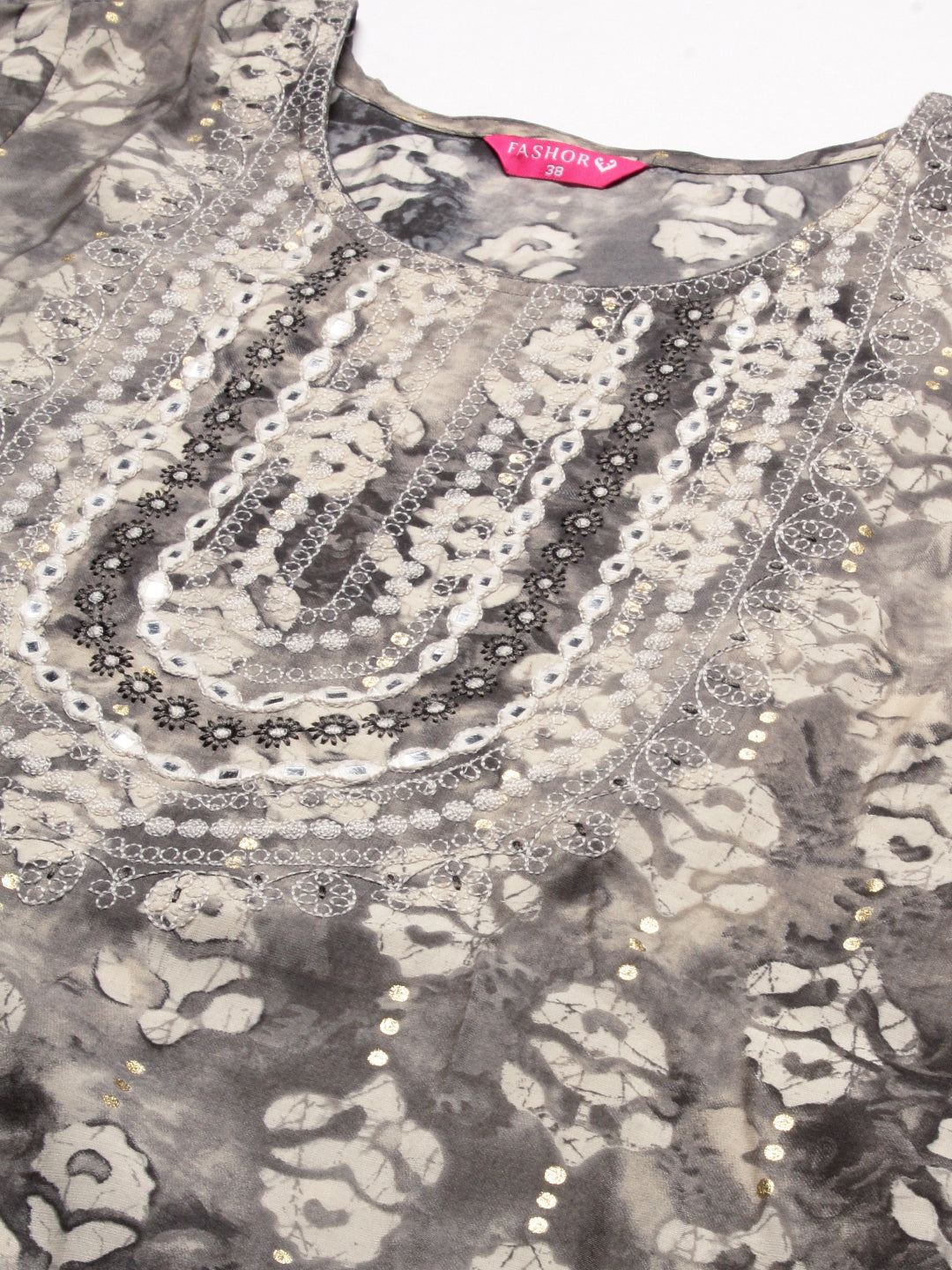 Textured Batik Printed Mirror & Resham Embroidered Kurta - Grey