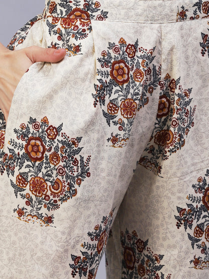 Floral Printed Straight Fit Kurta with Pant & Dupatta - Off White