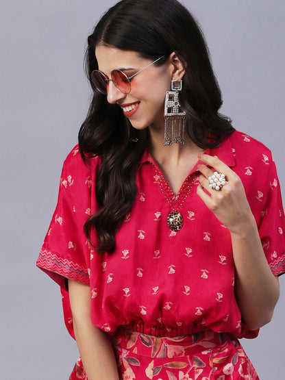 Floral Printed Cutdana Embroidered Crop Top With Floral Palazzo - Fuchsia