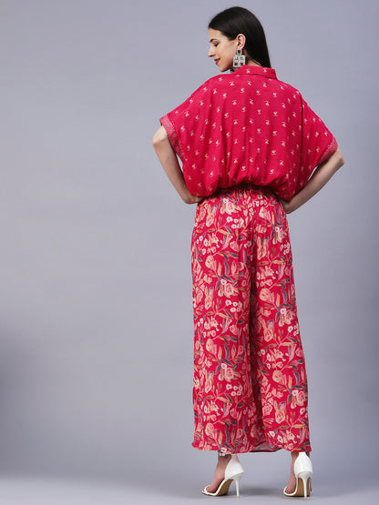 Floral Printed Cutdana Embroidered Crop Top With Floral Palazzo - Fuchsia