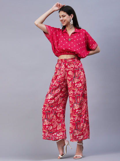 Floral Printed Cutdana Embroidered Crop Top With Floral Palazzo - Fuchsia