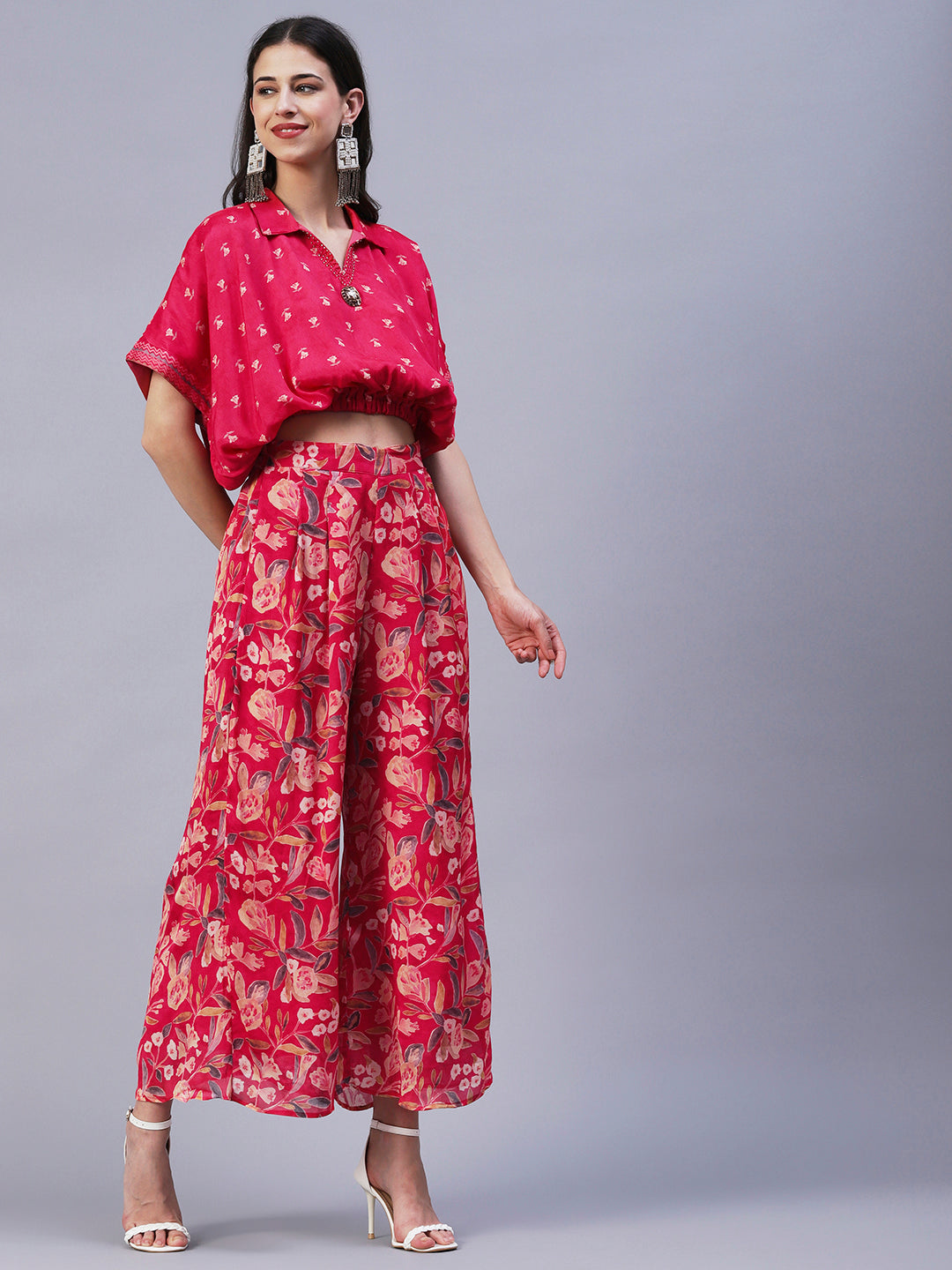 Floral Printed Cutdana Embroidered Crop Top With Floral Palazzo - Fuchsia
