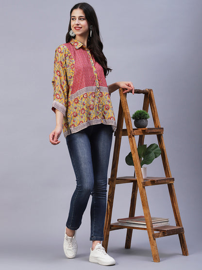 Floral Printed Resham Embroidered Kimono Sleeves Top - Mustard