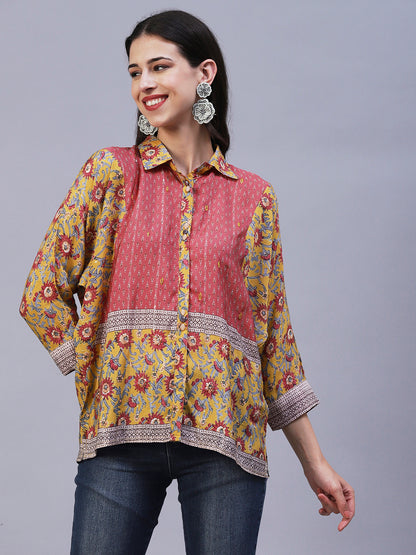 Floral Printed Resham Embroidered Kimono Sleeves Top - Mustard