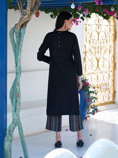 Solid High Slit Kurta With Printed Pants - Black