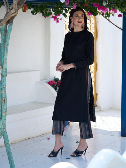 Solid High Slit Kurta With Printed Pants - Black