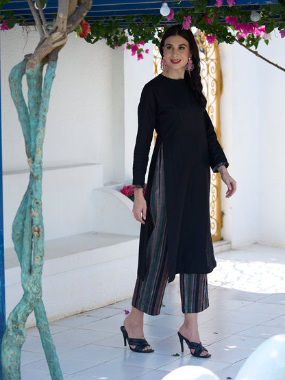 Solid High Slit Kurta With Printed Pants - Black