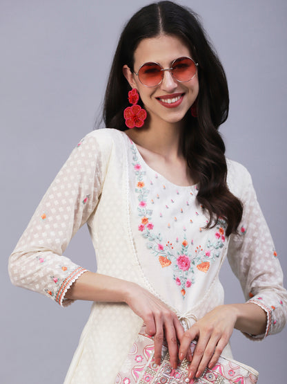 Solid Floral Embroidered A-Line Layered Kurta with Pant - Off White