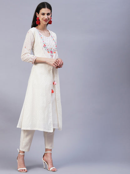 Solid Floral Embroidered A-Line Layered Kurta with Pant - Off White