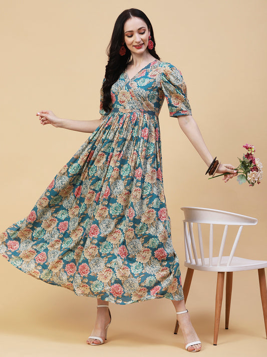 Floral Foil Printed Resham Embellished Empire Maxi Dress - Blue