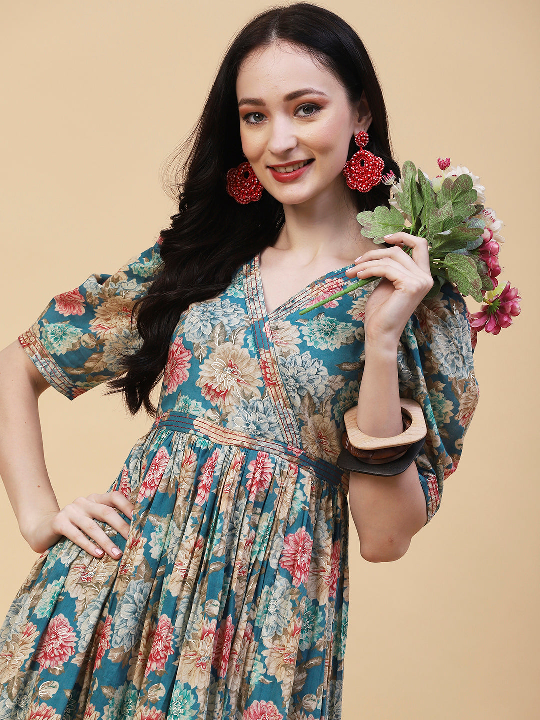 Floral Foil Printed Resham Embellished Empire Maxi Dress - Blue