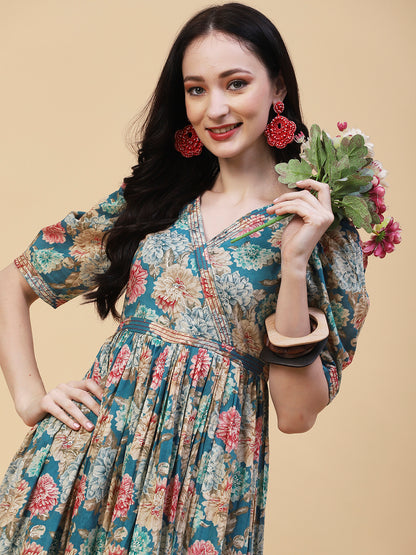 Floral Foil Printed Resham Embellished Empire Maxi Dress - Blue