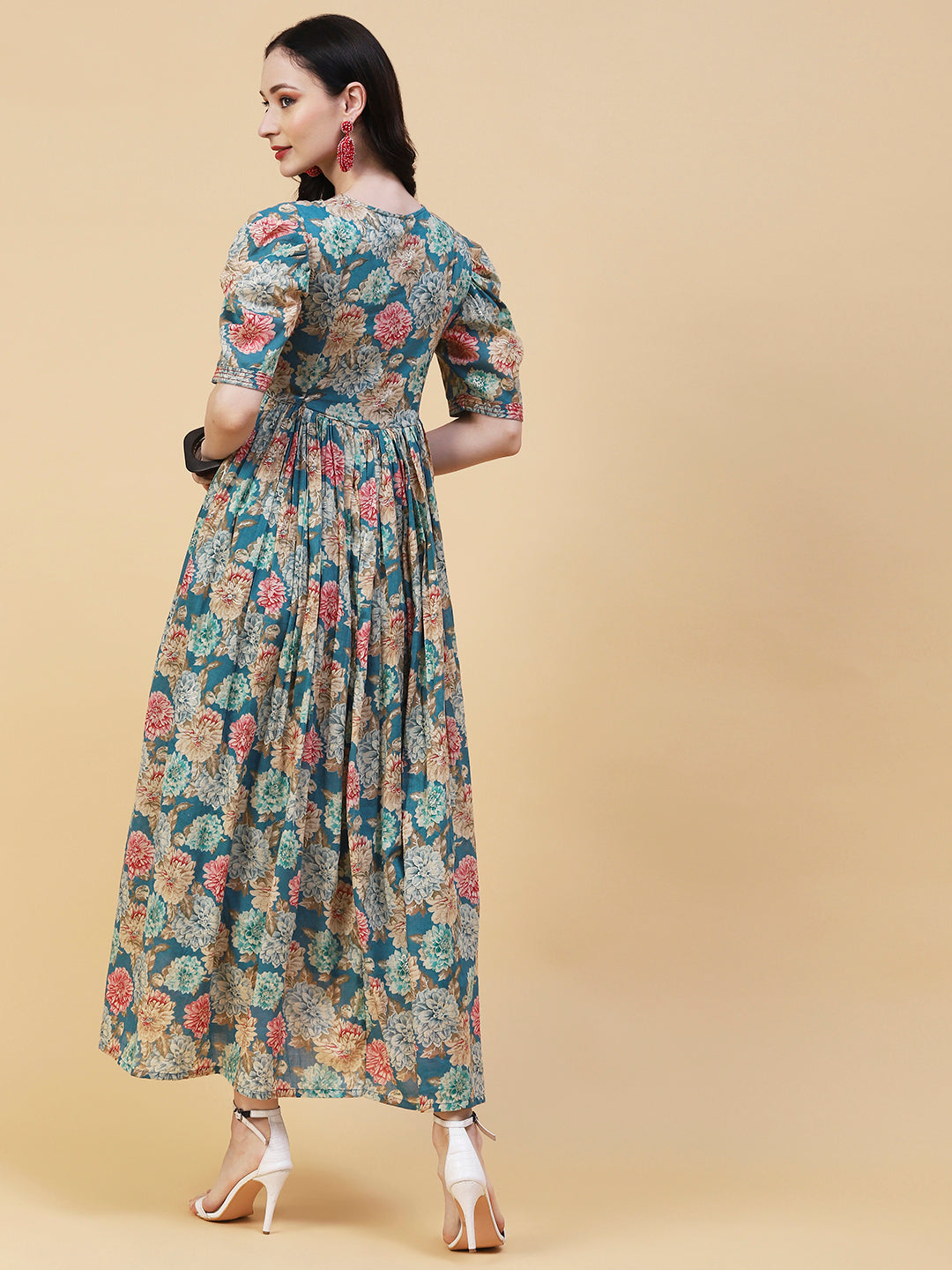 Floral Foil Printed Resham Embellished Empire Maxi Dress - Blue