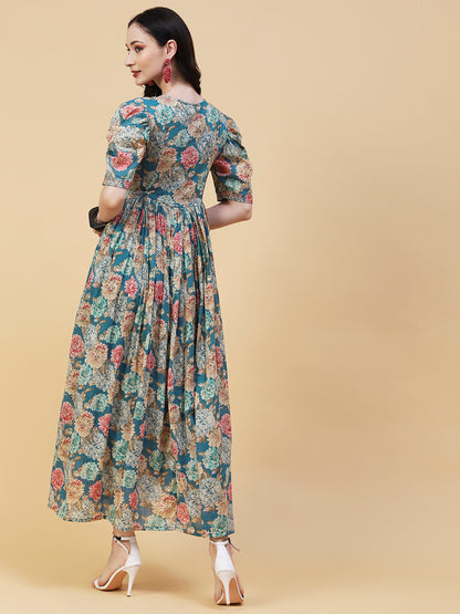 Floral Foil Printed Resham Embellished Empire Maxi Dress - Blue