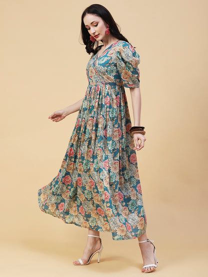 Floral Foil Printed Resham Embellished Empire Maxi Dress - Blue
