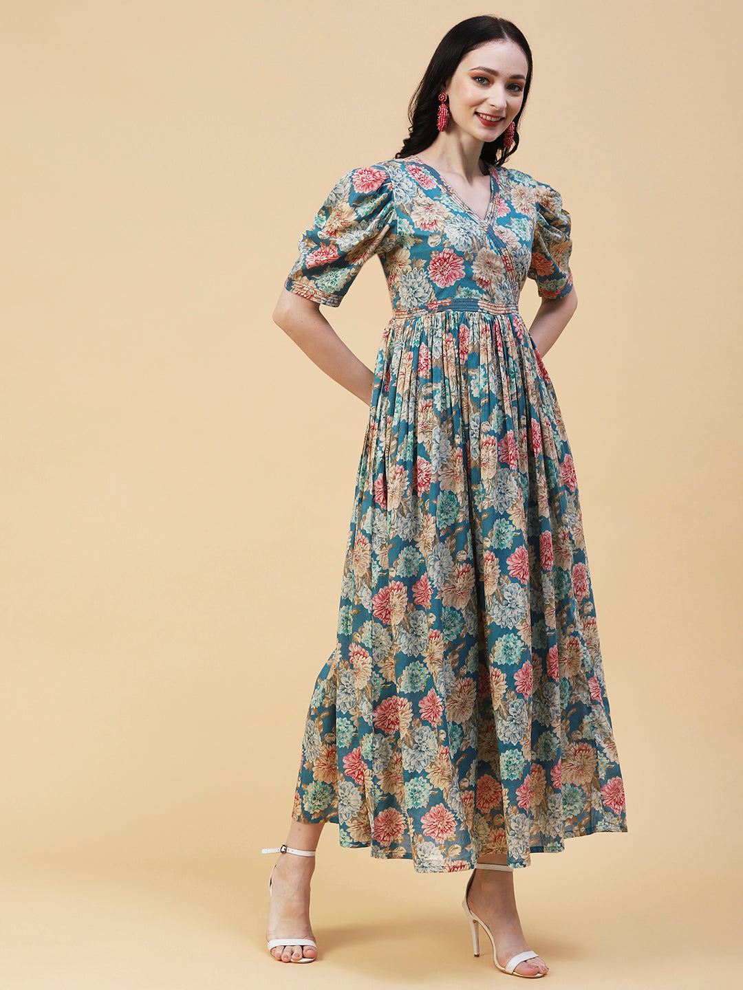Floral Foil Printed Resham Embellished Empire Maxi Dress - Blue