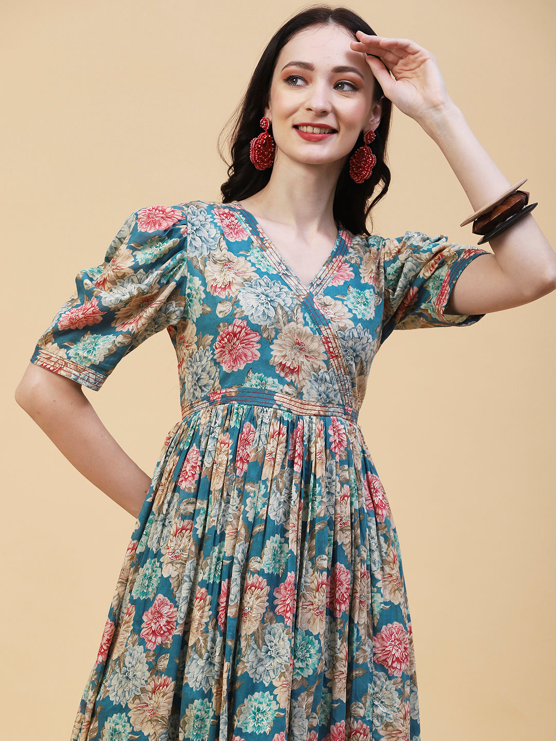 Floral Foil Printed Resham Embellished Empire Maxi Dress - Blue