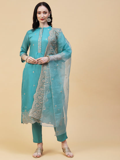 Solid Resham & Sequins Embroidered Scallop Kurta With Pants & Dupatta - Light Teal Blue