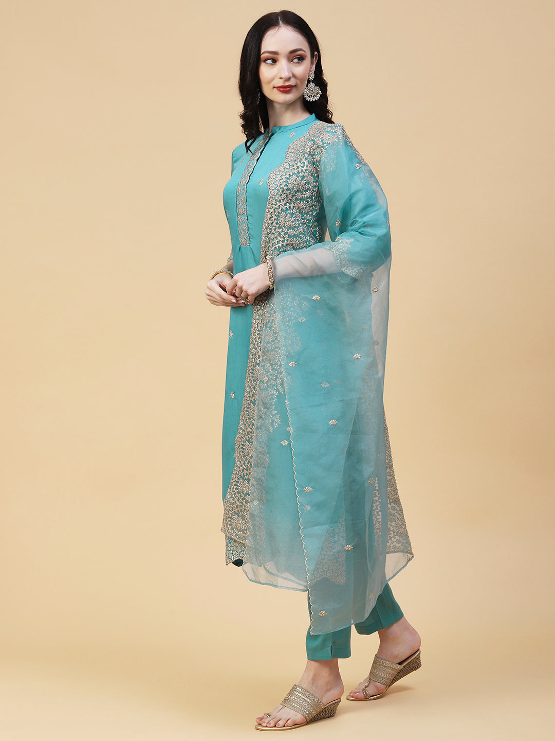 Solid Resham & Sequins Embroidered Scallop Kurta With Pants & Dupatta - Light Teal Blue