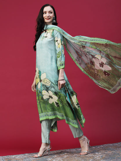 Floral Printed Embellished Kurta With Pants & Printed Dupatta - Mint Green
