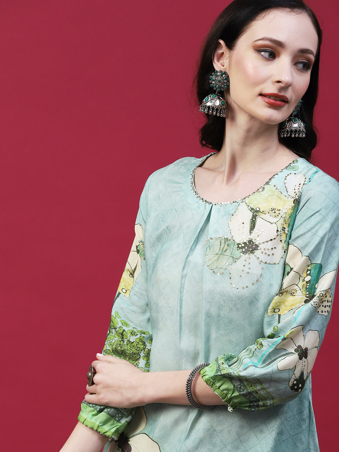 Floral Printed Embellished Kurta With Pants & Printed Dupatta - Mint Green