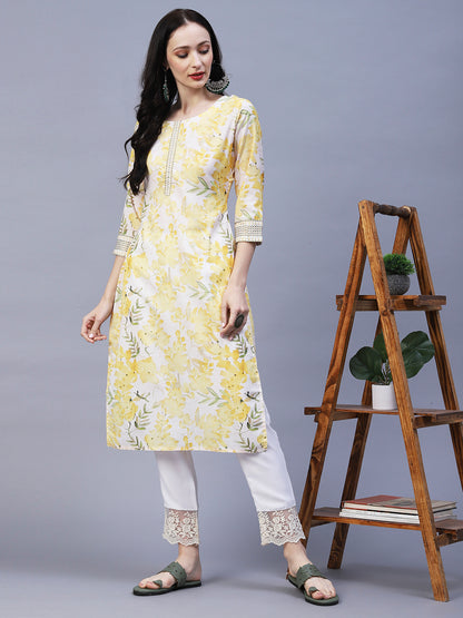 Floral Printed & Embroidered Straight Fit Kurta - Yellow