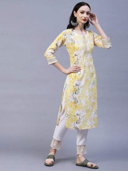 Floral Printed & Embroidered Straight Fit Kurta - Yellow