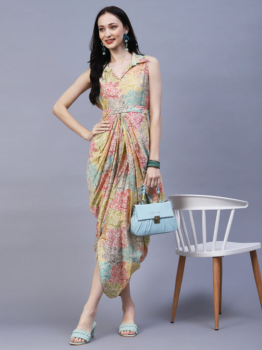 Floral Printed Pleated Draped Asymmetric Dress With Waist Belt - Multi