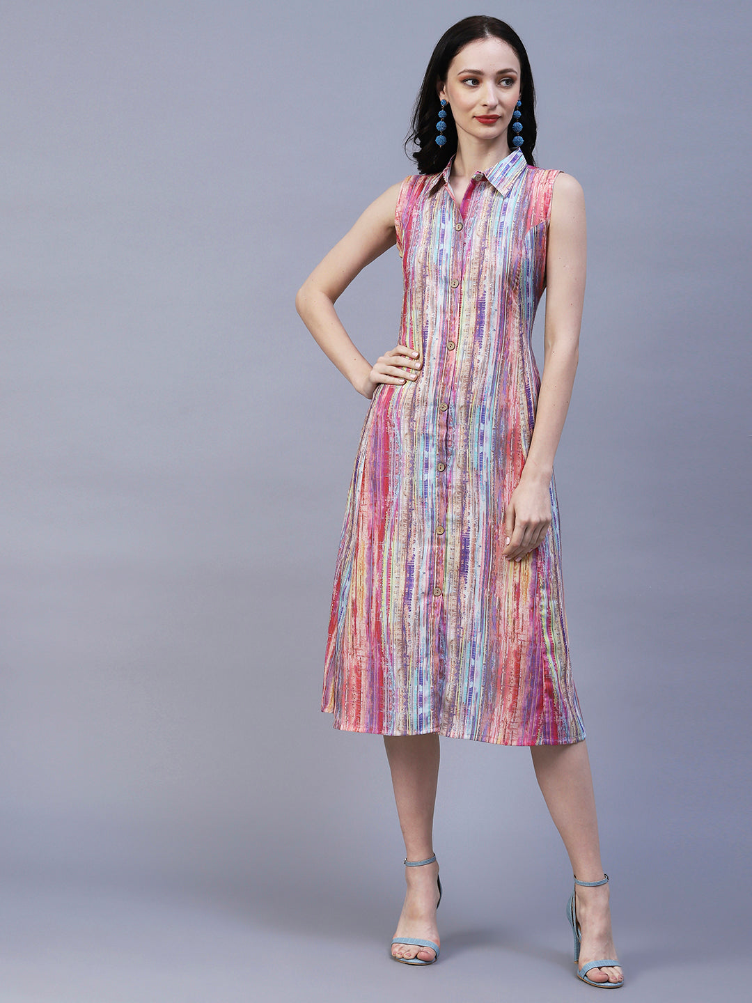 Abstract Stripes Printed A-Line Midi Dress - Multi