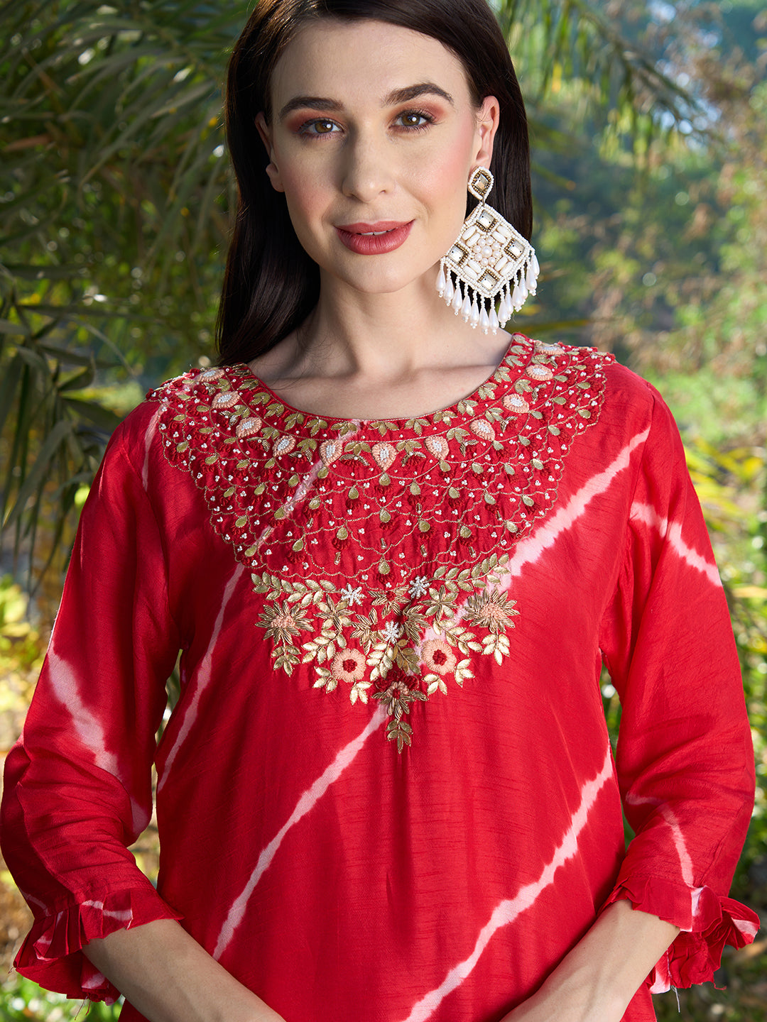 Tie-Dye Printed & Hand Embroidered Kurta with Pants & Dupatta - Red