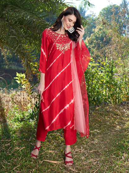 Tie-Dye Printed & Hand Embroidered Kurta with Pants & Dupatta - Red