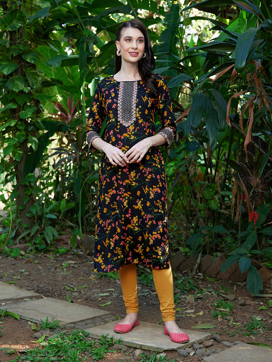 Floral Printed & Zari Embroidered Straight Fit Kurta - Black