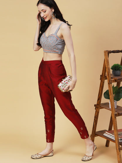 Solid Zari Floral Embroidered Pants - Maroon