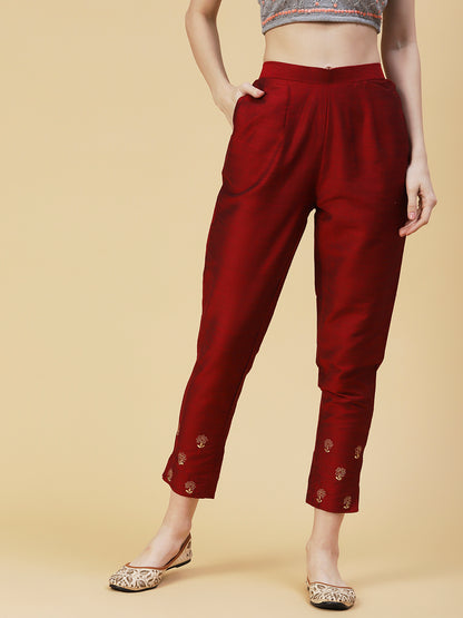Solid Zari Floral Embroidered Pants - Maroon