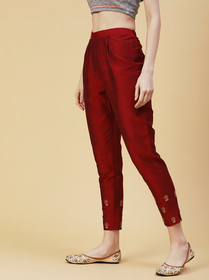 Solid Zari Floral Embroidered Pants - Maroon