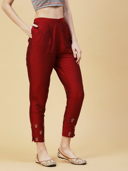 Solid Zari Floral Embroidered Pants - Maroon