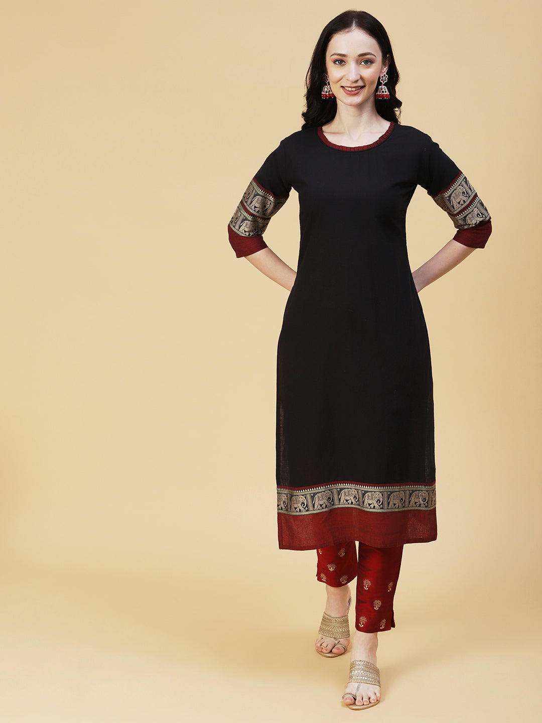 Solid Woven Resham Design Embellished Kurta - Black