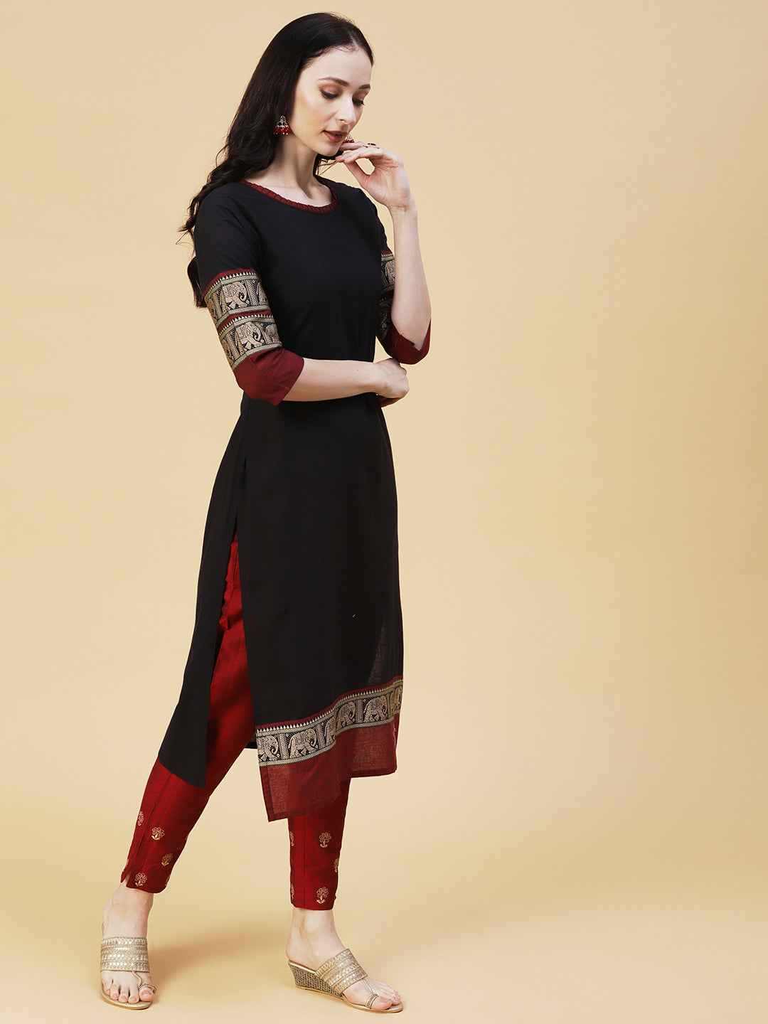 Solid Woven Resham Design Embellished Kurta - Black