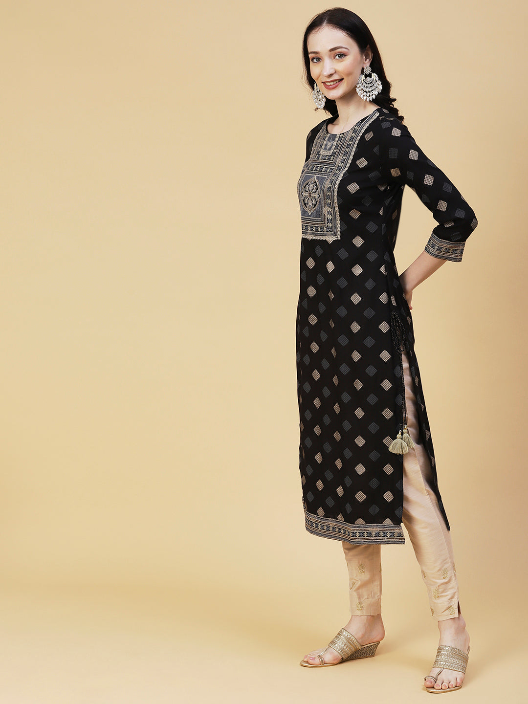 Barfi Printed Resham & Sequins Embroidered Tasseled Kurta - Black