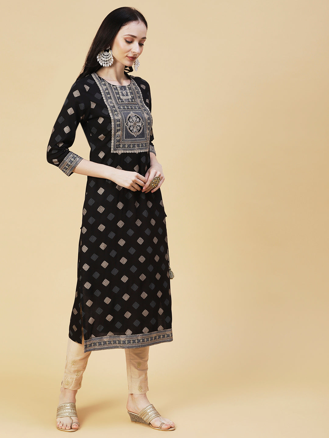 Barfi Printed Resham & Sequins Embroidered Tasseled Kurta - Black