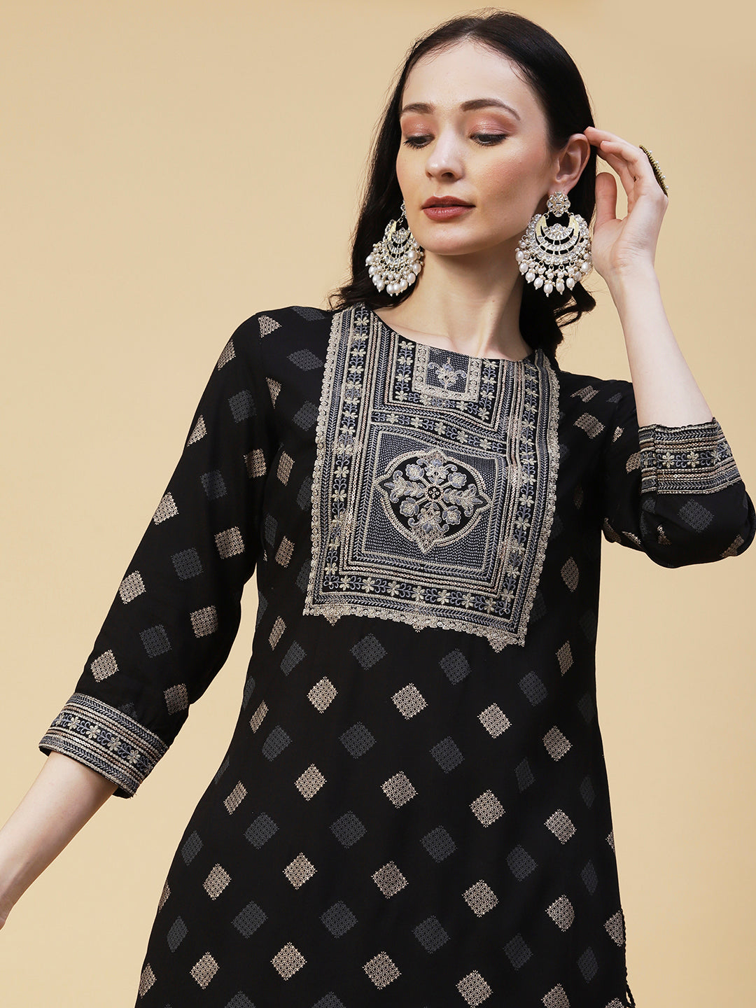 Barfi Printed Resham & Sequins Embroidered Tasseled Kurta - Black