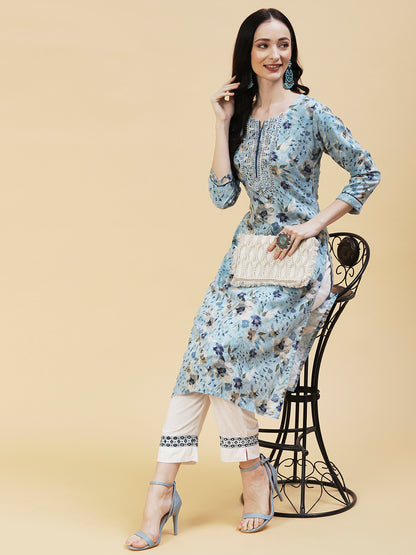 Floral Foil Printed Resham & Sequins Embroidered Kurta - Sky Blue