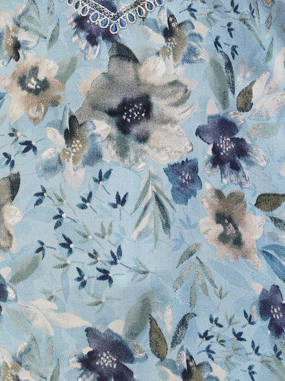 Floral Foil Printed Resham & Sequins Embroidered Kurta - Sky Blue