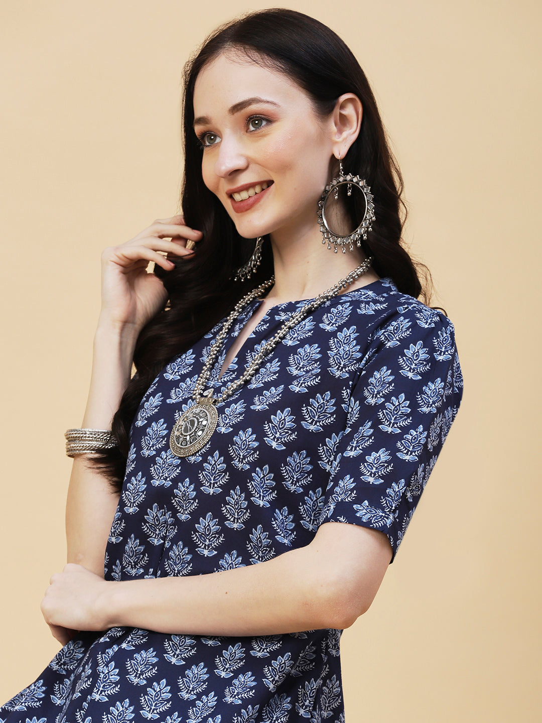 Floral Block Printed Mother-of-Pearl Buttoned Short Kurti - Navy Blue
