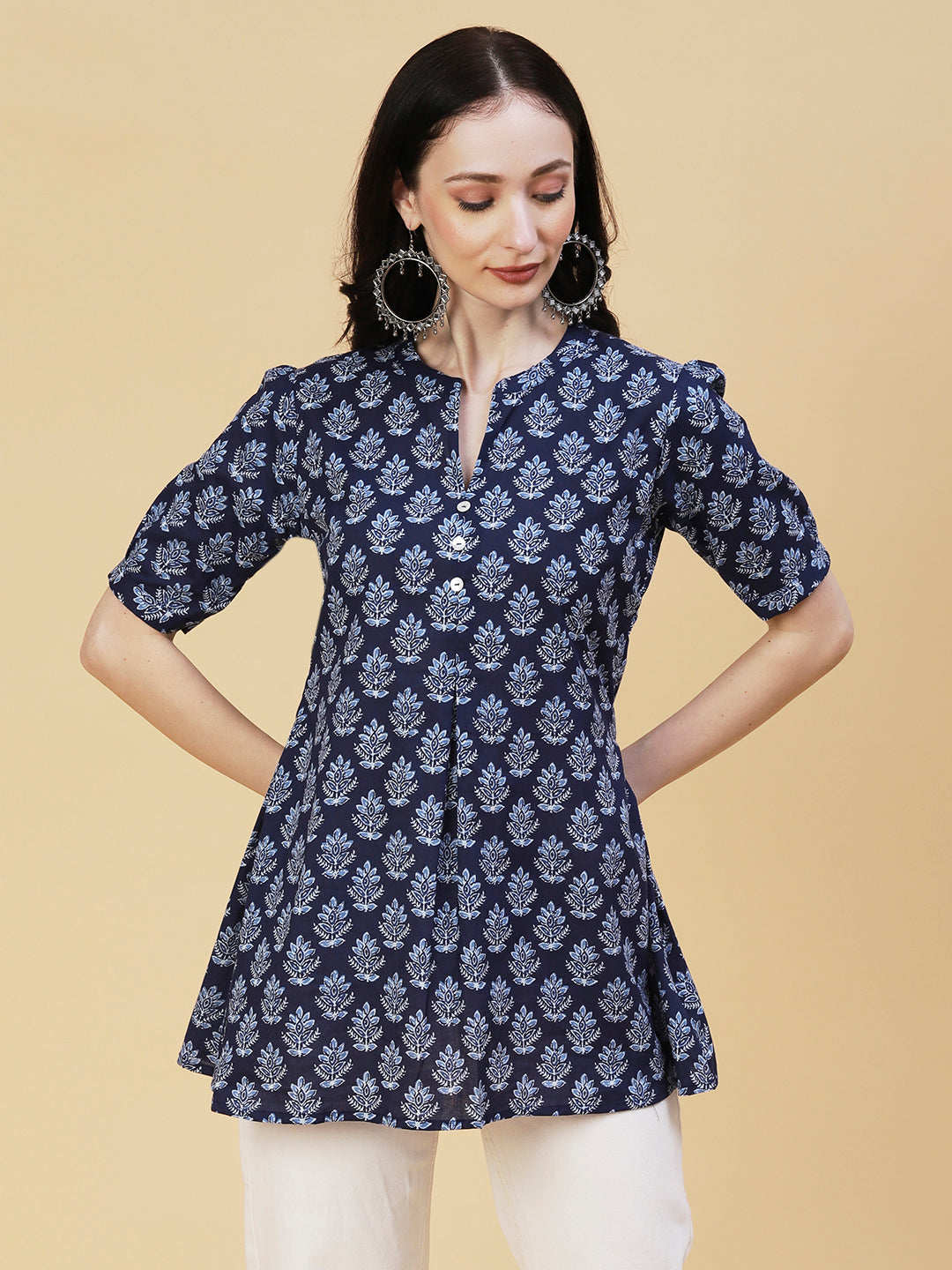 Floral Block Printed Mother-of-Pearl Buttoned Short Kurti - Navy Blue