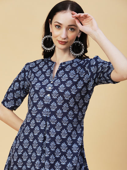 Floral Block Printed Mother-of-Pearl Buttoned Short Kurti - Navy Blue