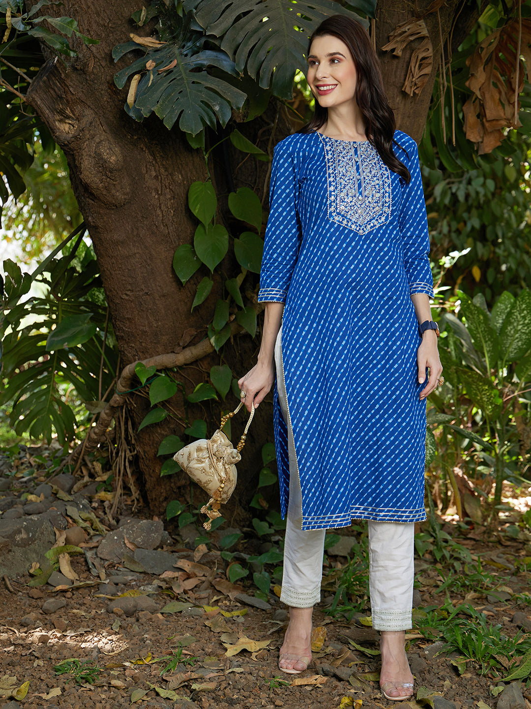Leheriya Printed & Sequin Embroidered Straight Fit Kurta – Dark Blue