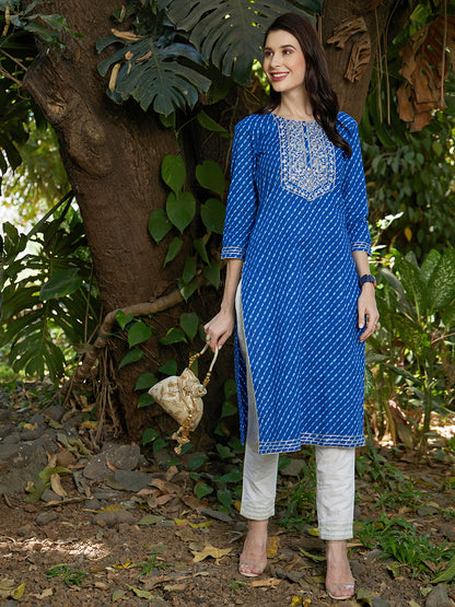 Leheriya Printed & Sequin Embroidered Straight Fit Kurta – Dark Blue